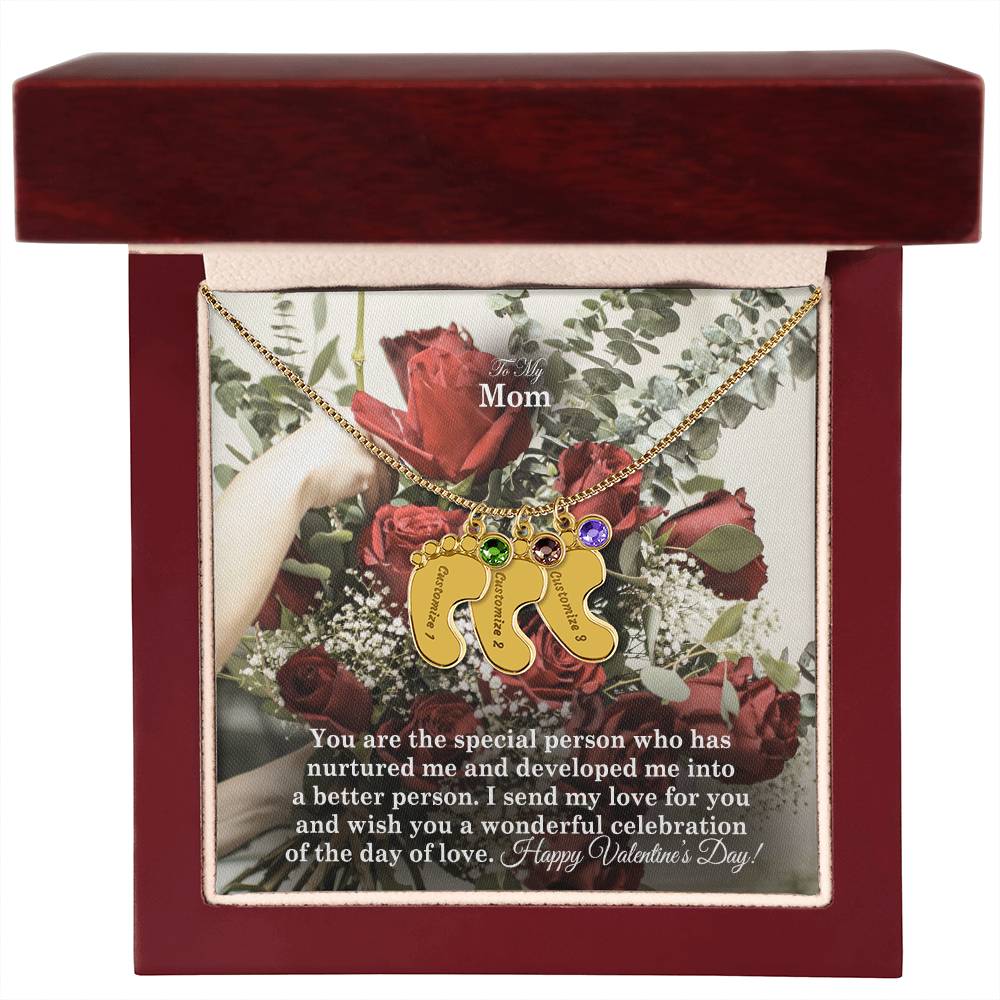 To My Mom, You Are The Special Person Who Has Nurtured Me &amp; Developed Me Into A Better Person Engraved Baby Feet Necklace – Gift for Mom