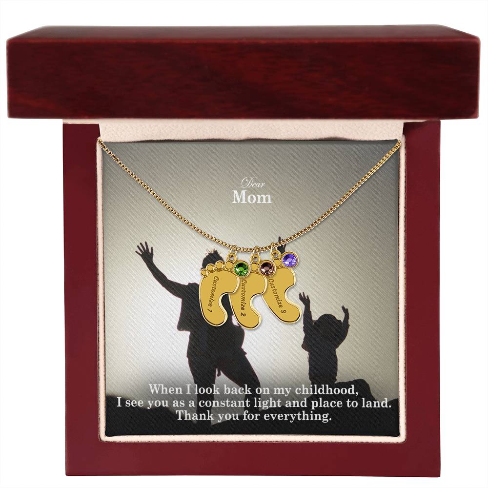 Dear Mom, When I Look Back On My Childhood, I See You As A Constant Light & Place To Land - Custom Baby Feet Necklace with Birthstone - Gift for Mom