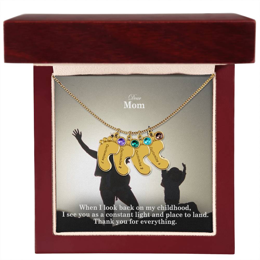 Dear Mom, When I Look Back On My Childhood, I See You As A Constant Light & Place To Land - Custom Baby Feet Necklace with Birthstone - Gift for Mom