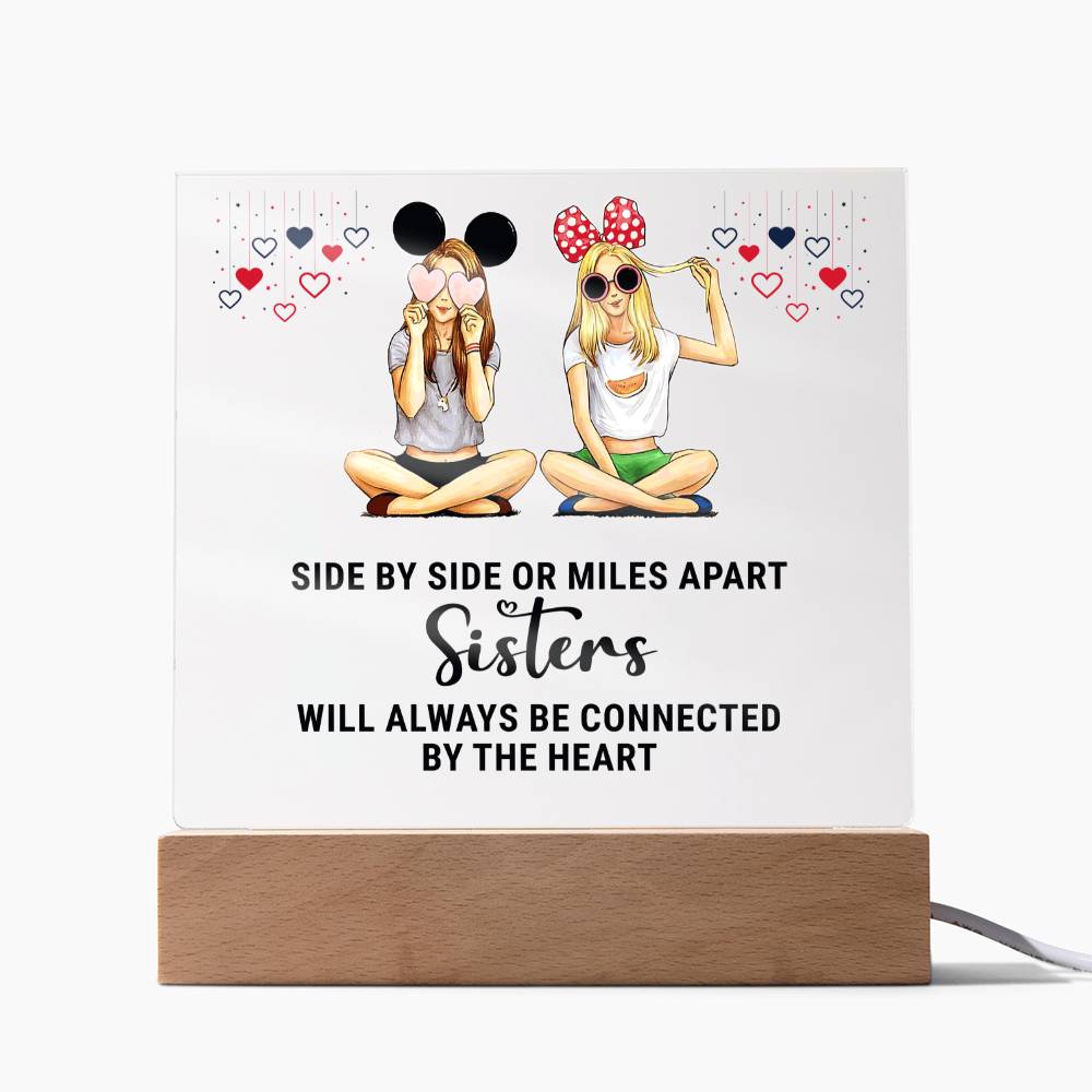 Side By Side Or Miles Apart Sisters Will Always Be Connected By The Heart - Square Acrylic Plaque - Gift for Sister