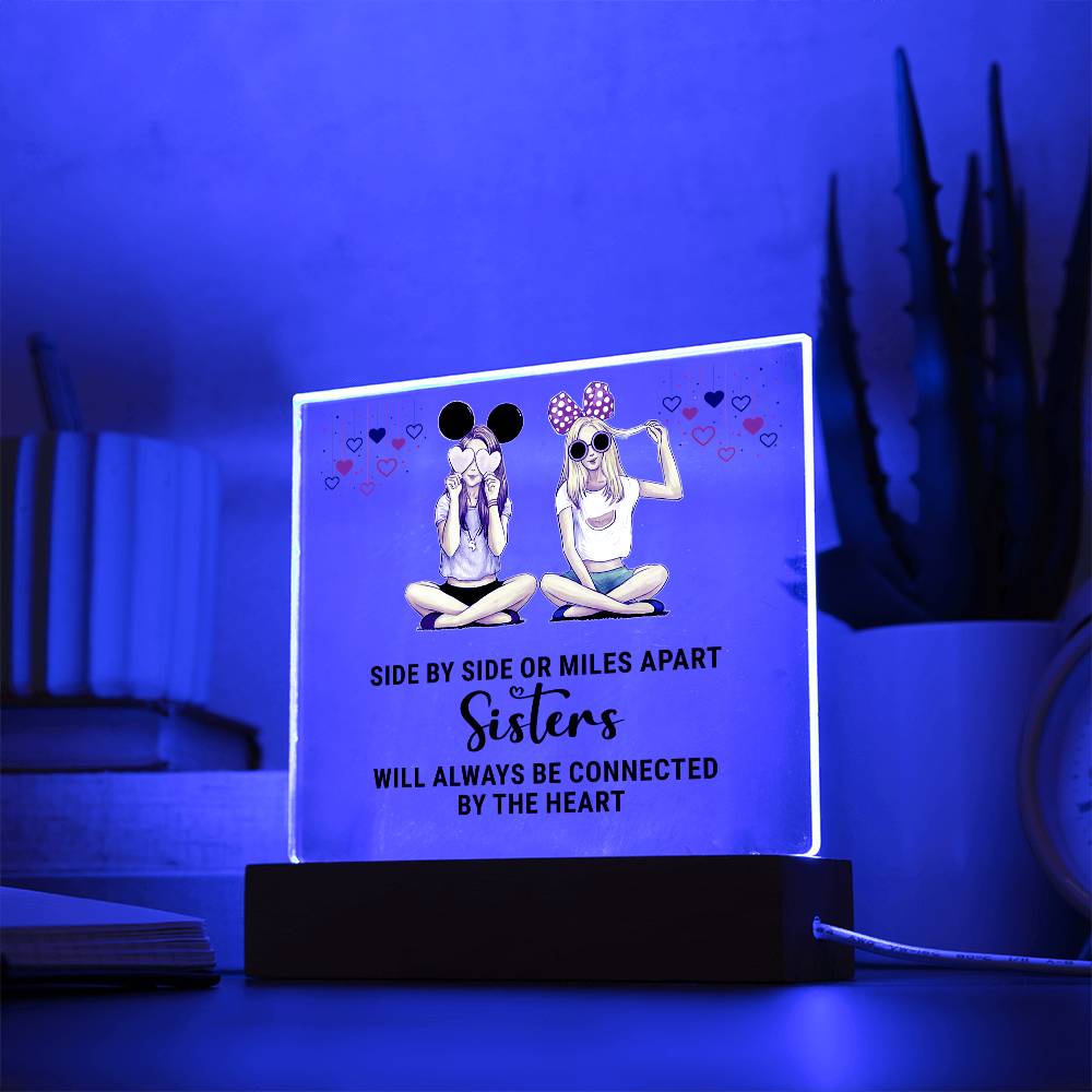 Side By Side Or Miles Apart, Sisters Will Always Be Connected By The Heart – Square Acrylic Plaque – Gift for Sister