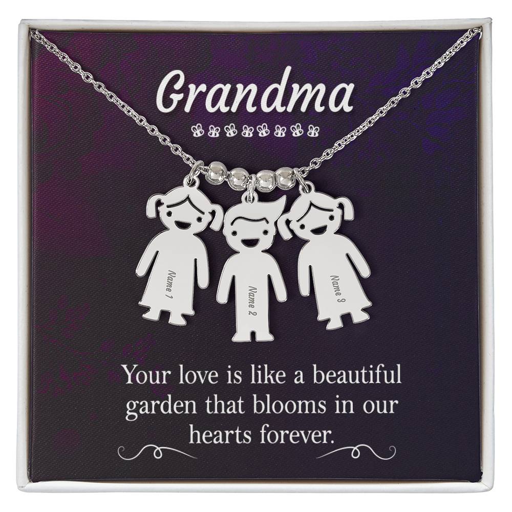 Grandma, Your Love Is Like A Beautiful Garden That Blooms In Our Hearts Forever - Kid Charm Necklace (w/MC) - Gift for Grandma