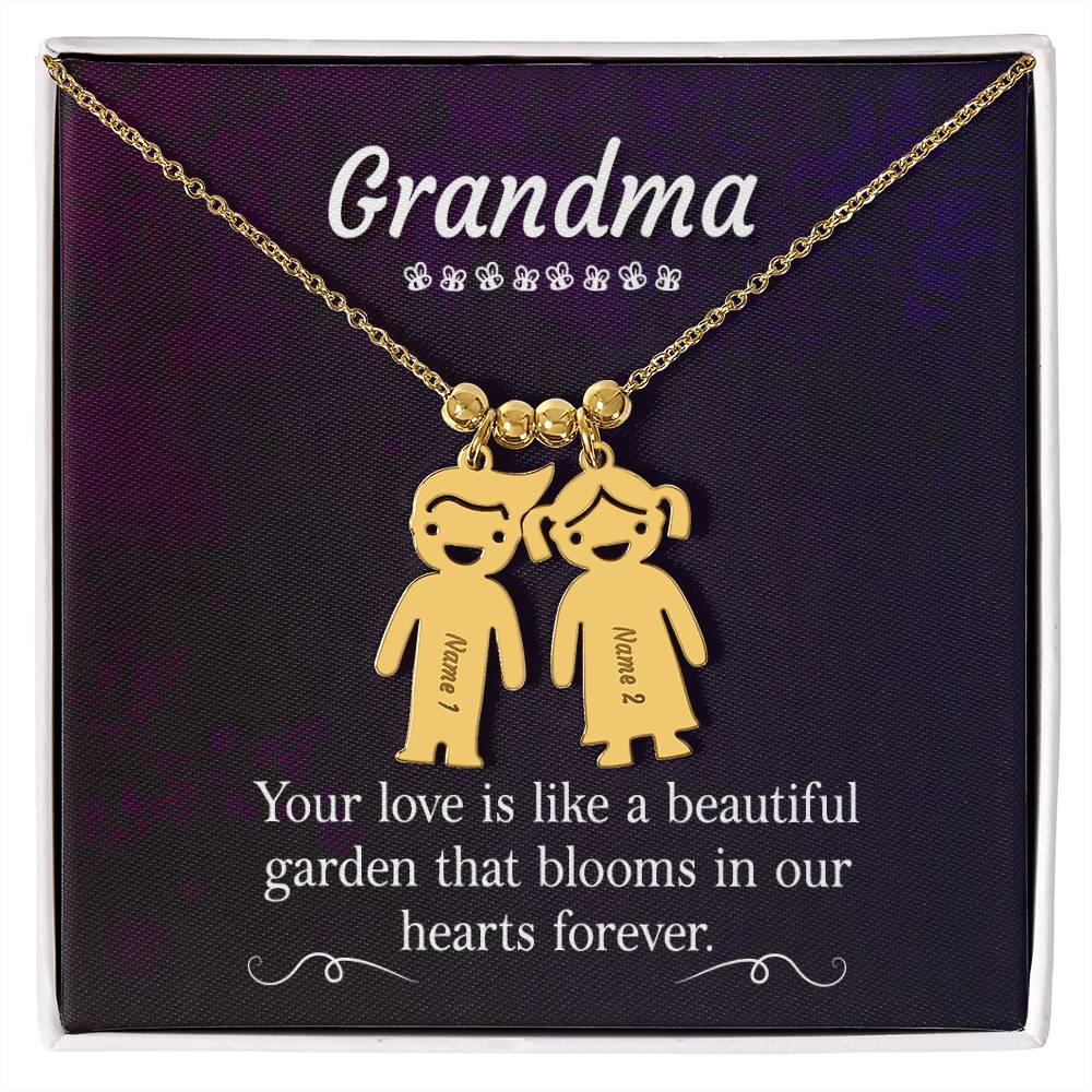 Grandma, Your Love Is Like A Beautiful Garden That Blooms In Our Hearts Forever - Kid Charm Necklace (w/MC) - Gift for Grandma