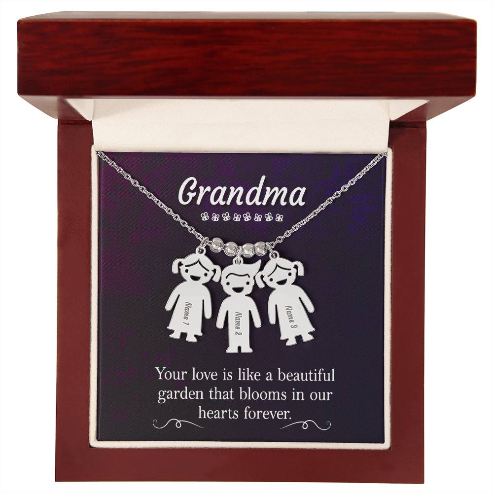 Grandma, Your Love Is Like A Beautiful Garden That Blooms In Our Hearts Forever - Kid Charm Necklace (w/MC) - Gift for Grandma