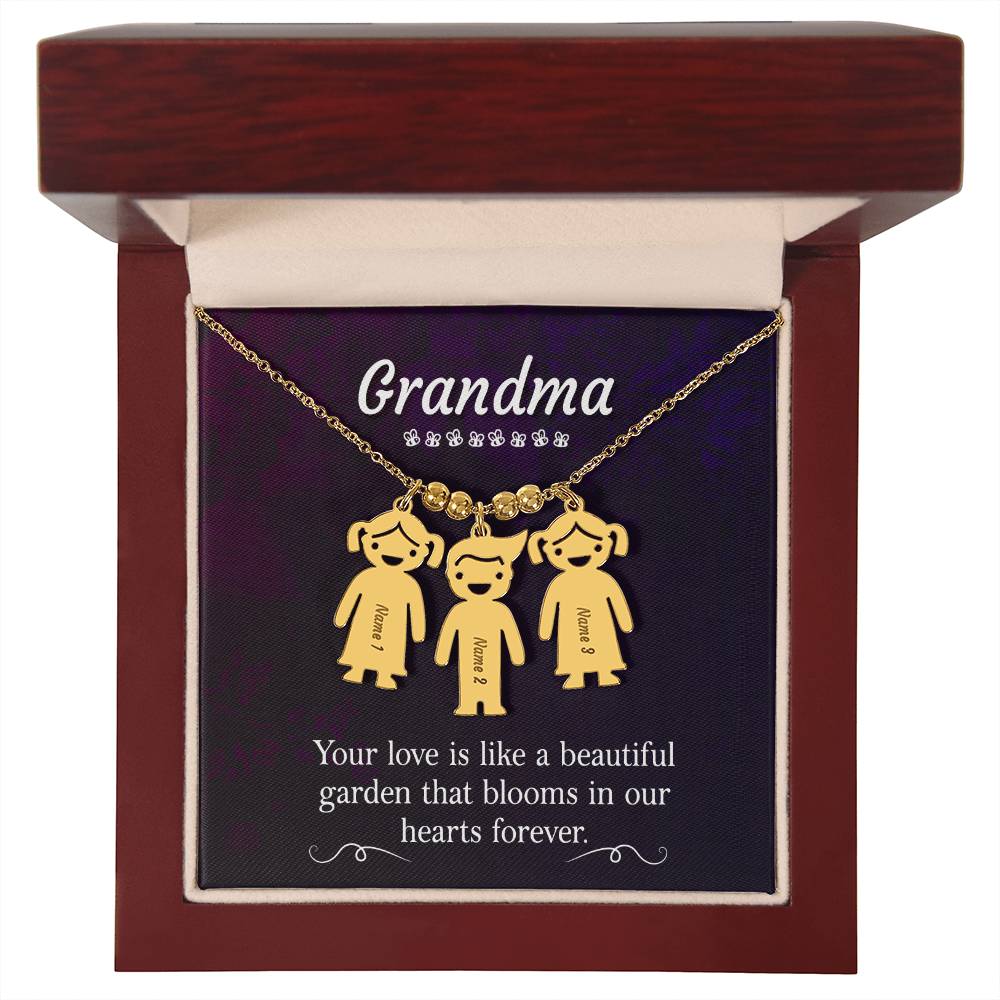 Grandma, Your Love Is Like A Beautiful Garden That Blooms In Our Hearts Forever - Kid Charm Necklace (w/MC) - Gift for Grandma