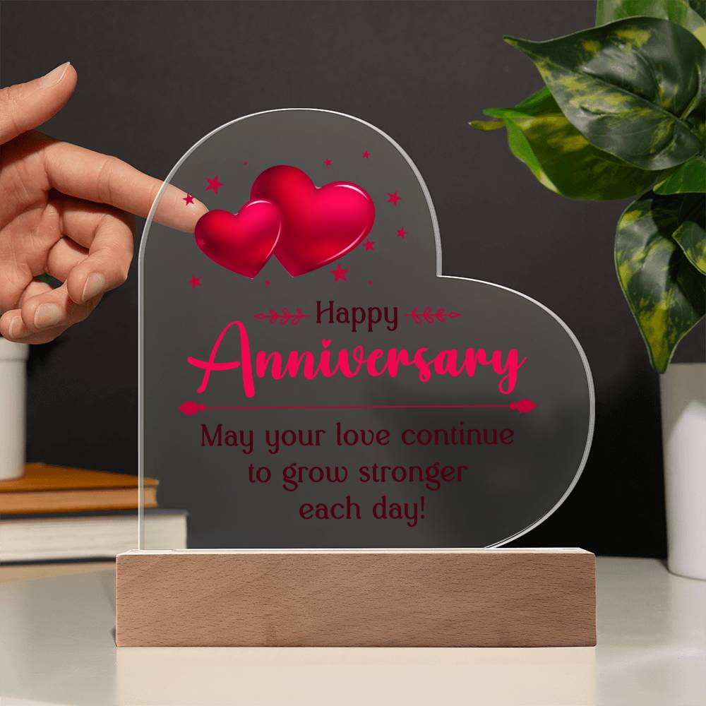 Happy Anniversary, May Your Love Continue To Grow Stronger Each Day! – Printed Heart Acrylic Plaque – Gift for Wife