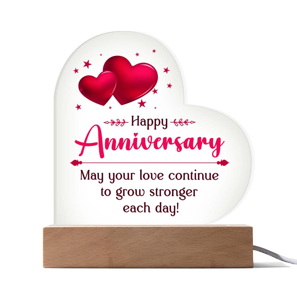 Happy Anniversary, May Your Love Continue To Grow Stronger Each Day! – Printed Heart Acrylic Plaque – Gift for Wife