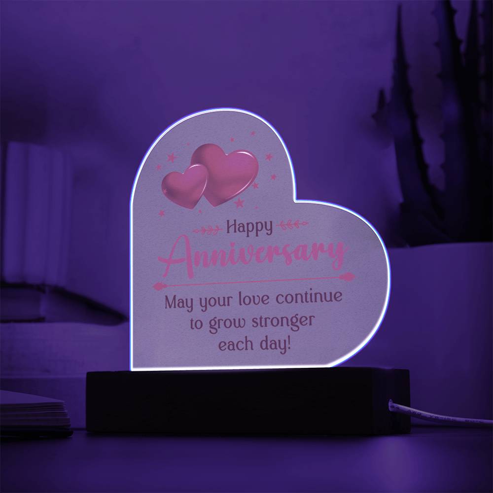 Happy Anniversary, May Your Love Continue To Grow Stronger Each Day! – Printed Heart Acrylic Plaque – Gift for Wife