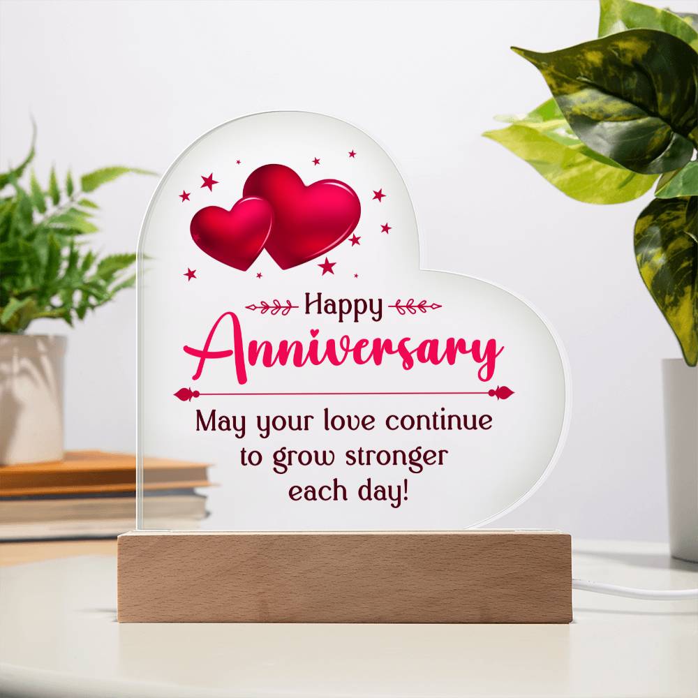 Happy Anniversary, May Your Love Continue To Grow Stronger Each Day! – Printed Heart Acrylic Plaque – Gift for Wife