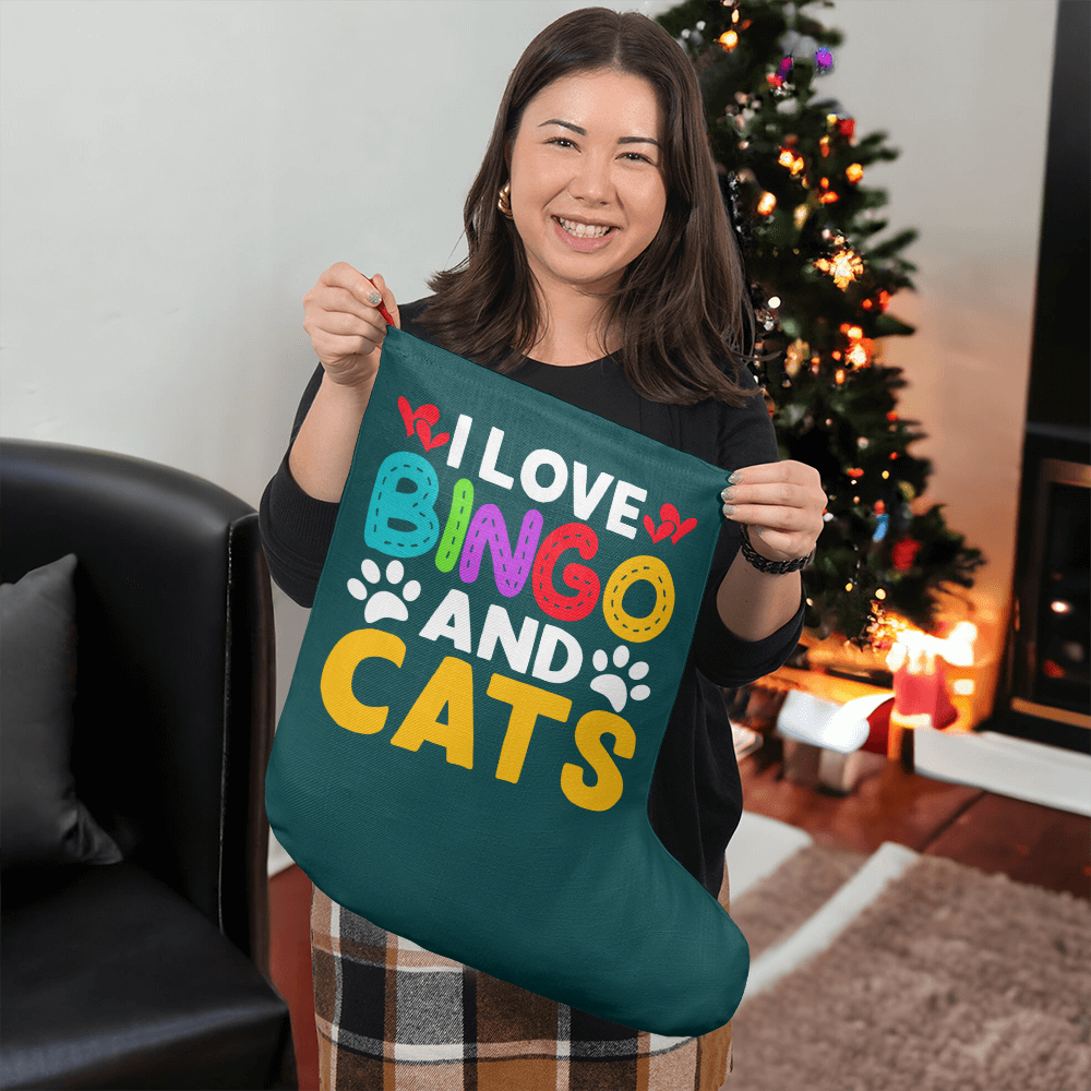 I Love Bingo And Cats - Giant Holiday Stocking - Gift for Her - Gift for Him
