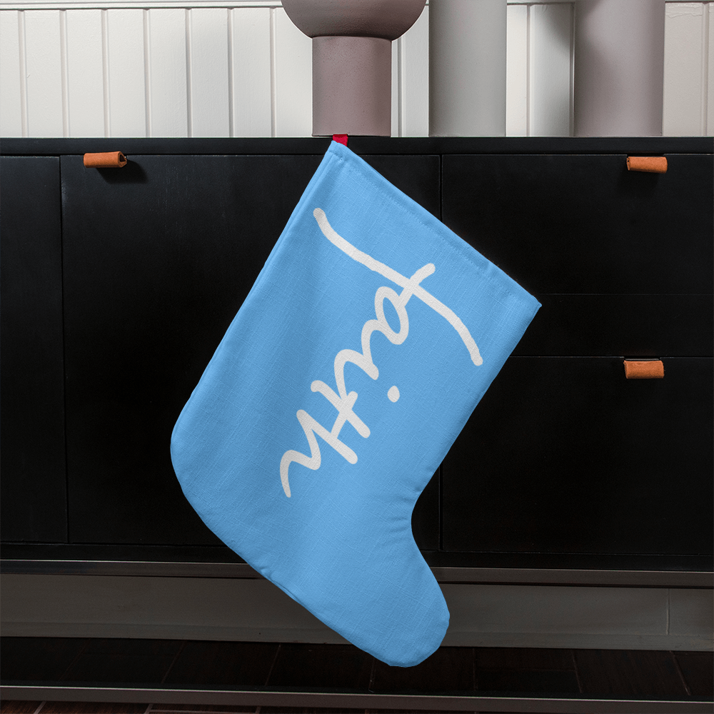 Faith (White) - Giant Holiday Stocking (Blue) - Gift for Her - Gift for Him