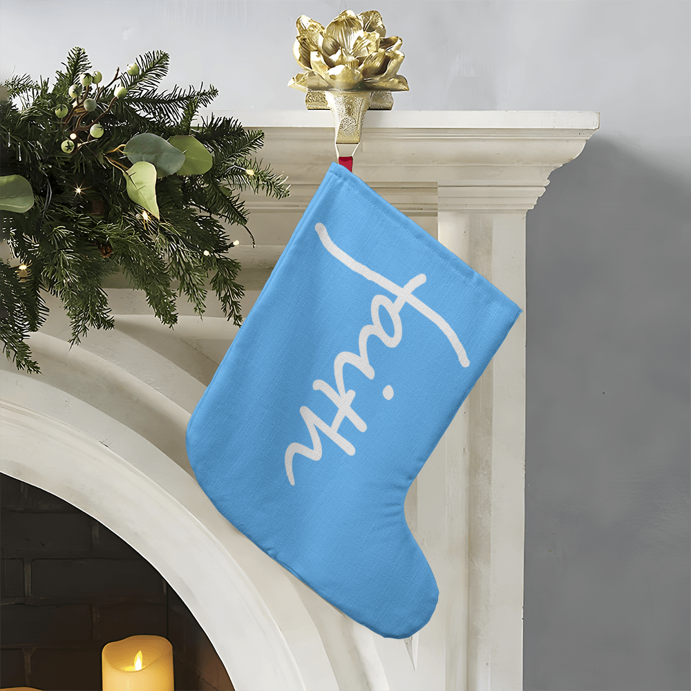 Faith (White) - Giant Holiday Stocking (Blue) - Gift for Her - Gift for Him