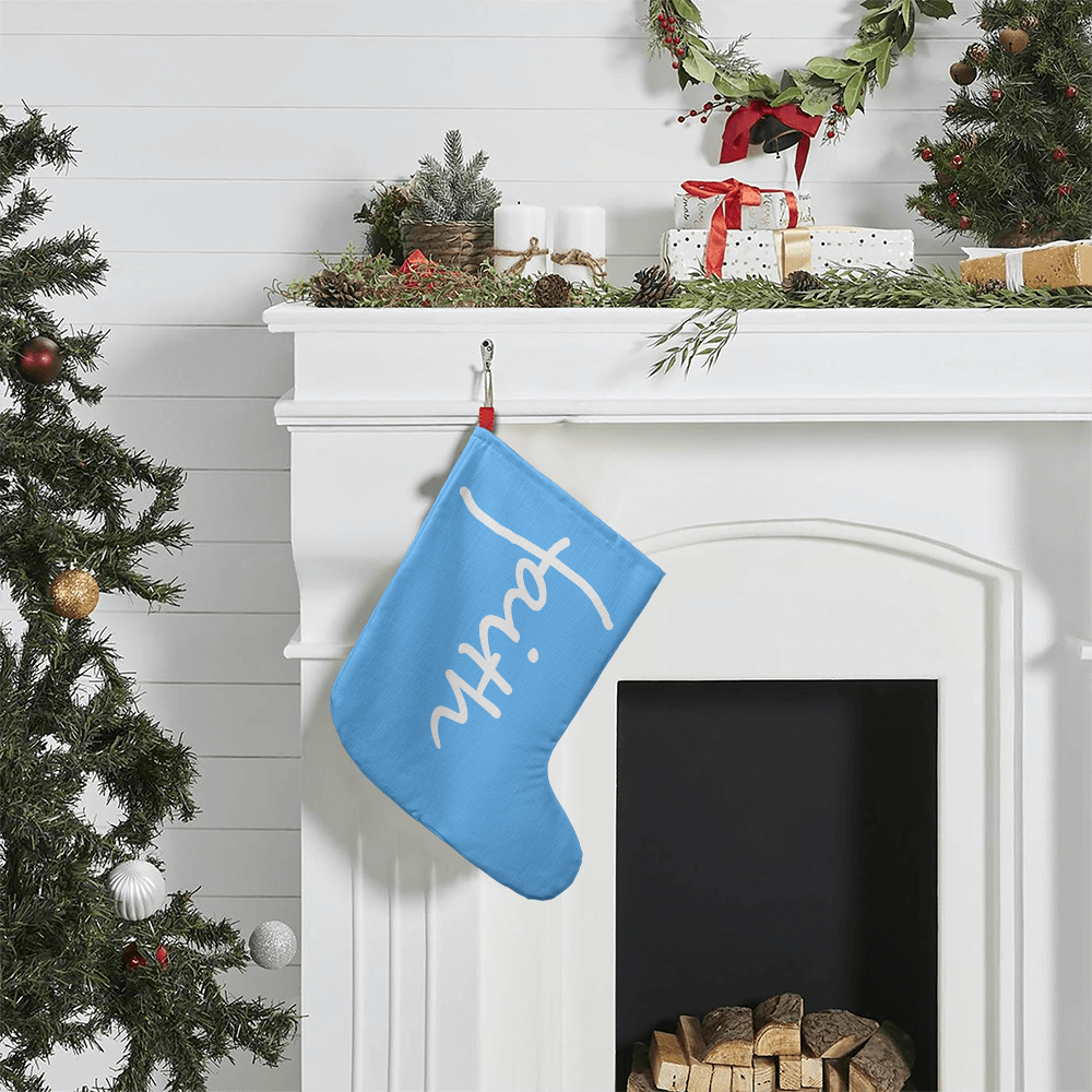Faith (White) - Giant Holiday Stocking (Blue) - Gift for Her - Gift for Him