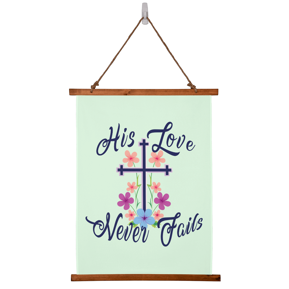 His Love Never Fails - Wood Framed Wall Tapestry (Portrait) - Gift for Her