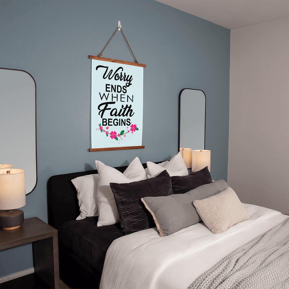 Worry Ends When Faith Begins - Wood Framed Wall Tapestry (Portrait) - Gift for Her