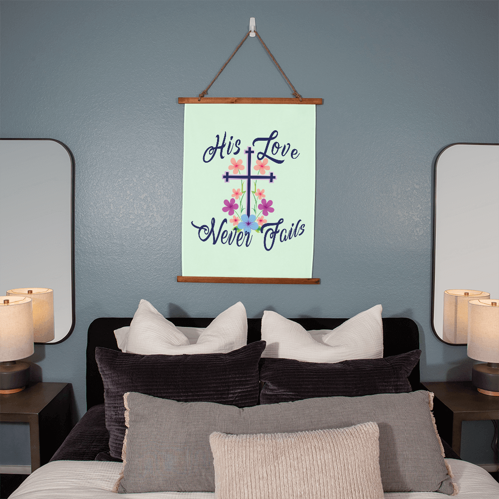 His Love Never Fails - Wood Framed Wall Tapestry (Portrait) - Gift for Her