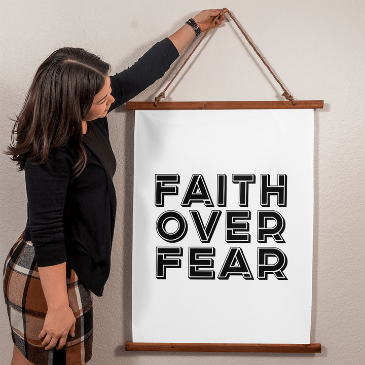 Faith Over Fear (Black) Wood Framed Wall Tapestry (Portrait) – Gift for Her - Gift for Him