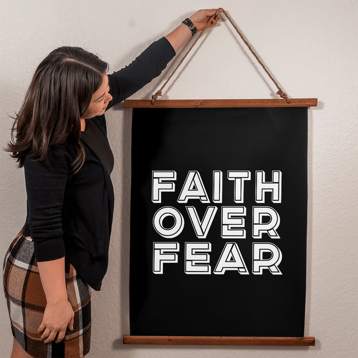Faith Over Fear (White) Wood Framed Wall Tapestry (Portrait) – Gift for Her - Gift for Him