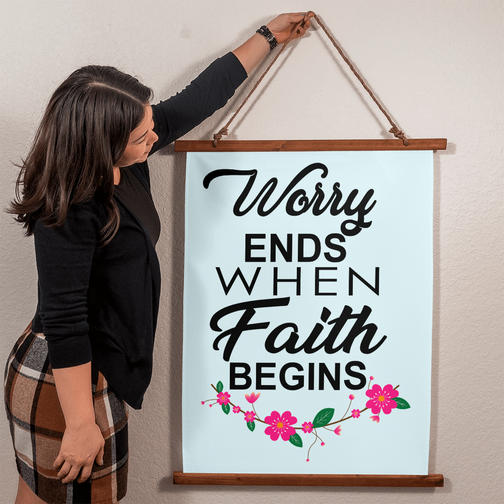 Worry Ends When Faith Begins - Wood Framed Wall Tapestry (Portrait) - Gift for Her