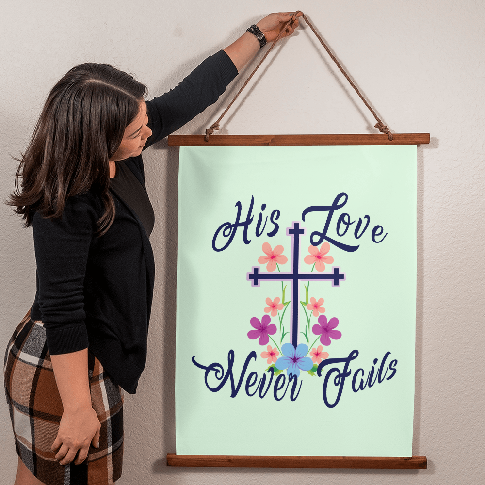 His Love Never Fails - Wood Framed Wall Tapestry (Portrait) - Gift for Her