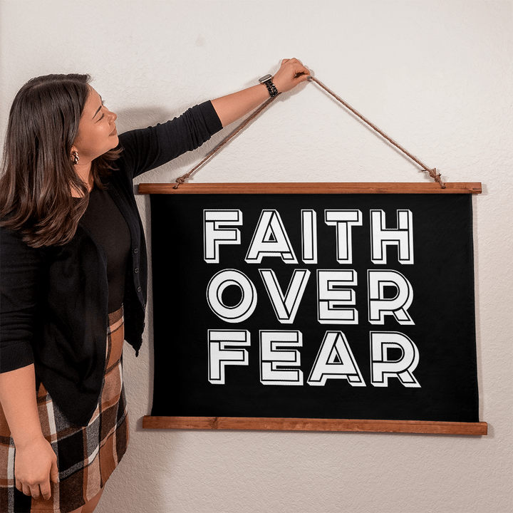 Faith Over Fear (White) Wood Framed Wall Tapestry (Landscape) – Gift for Her - Gift for Him