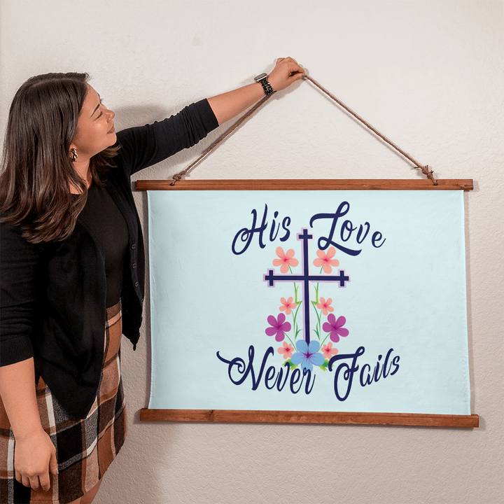 His Love Never Fails Wood Framed Wall Tapestry (Landscape) – Gift for Her