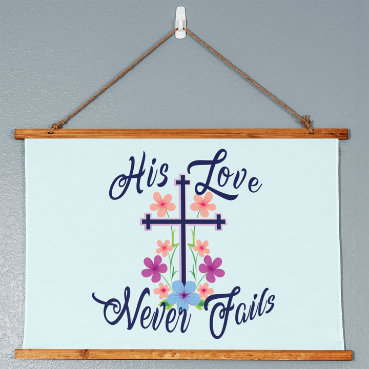 His Love Never Fails Wood Framed Wall Tapestry (Landscape) – Gift for Her