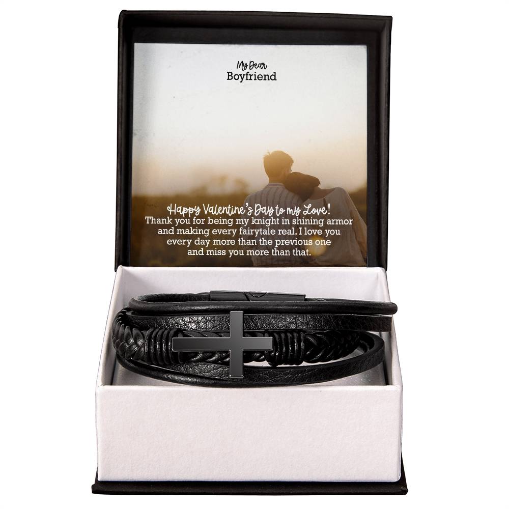 My Dear Boyfriend, Thank You For Being My Knight In Shining Armor & Making Every Fairytale Real - Happy Valentine's Day - Men's Cross Bracelet - Gift for Boyfriend