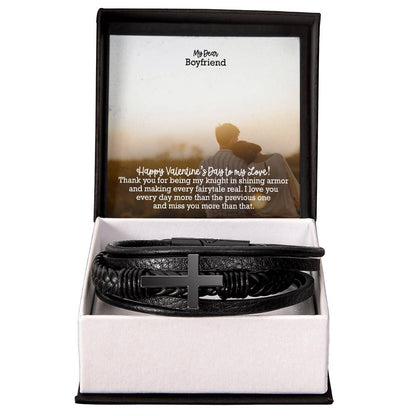 My Dear Boyfriend, Thank You For Being My Knight In Shining Armor & Making Every Fairytale Real - Happy Valentine's Day - Men's Cross Bracelet - Gift for Boyfriend