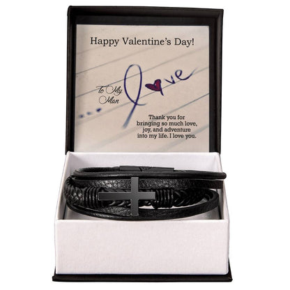 To My Man, Thank You For Bringing So Much Love, Joy & Adventure Into My Life - Happy Valentine's Day - Men's Cross Bracelet - Gift for Him