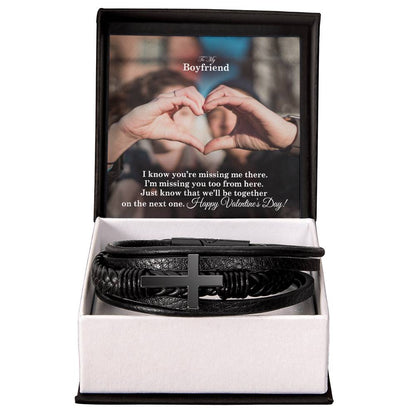 To My Boyfriend, I Know You're Missing Me There - Happy Valentine's Day - Men's Cross Bracelet - Gift for Boyfriend