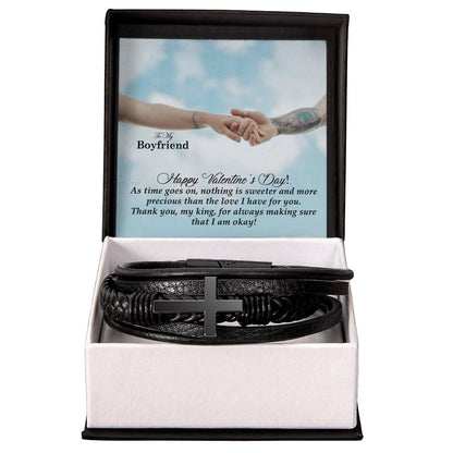 To My Boyfriend, As Time Goes On, Nothing Is Sweeter & More Precious Than The Love I Have For You - Happy Valentine's Day - Men's Cross Bracelet - Gift for Boyfriend