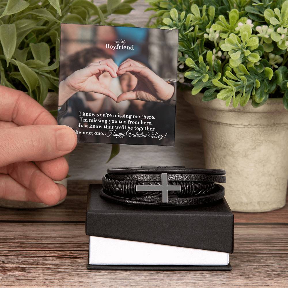 To My Boyfriend, I Know You're Missing Me There - Happy Valentine's Day - Men's Cross Bracelet - Gift for Boyfriend