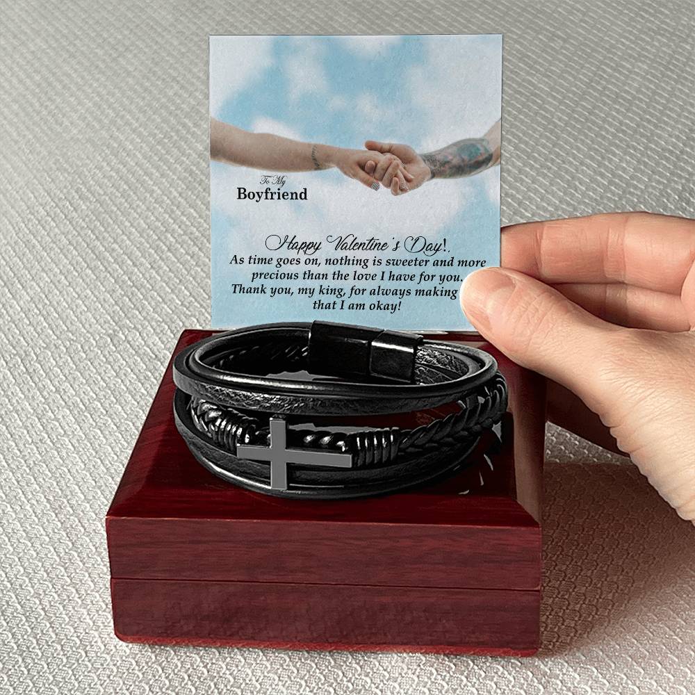 To My Boyfriend, As Time Goes On, Nothing Is Sweeter & More Precious Than The Love I Have For You - Happy Valentine's Day - Men's Cross Bracelet - Gift for Boyfriend