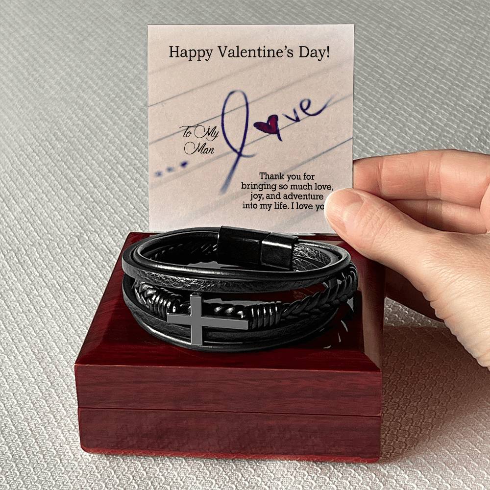 To My Man, Thank You For Bringing So Much Love, Joy & Adventure Into My Life - Happy Valentine's Day - Men's Cross Bracelet - Gift for Him