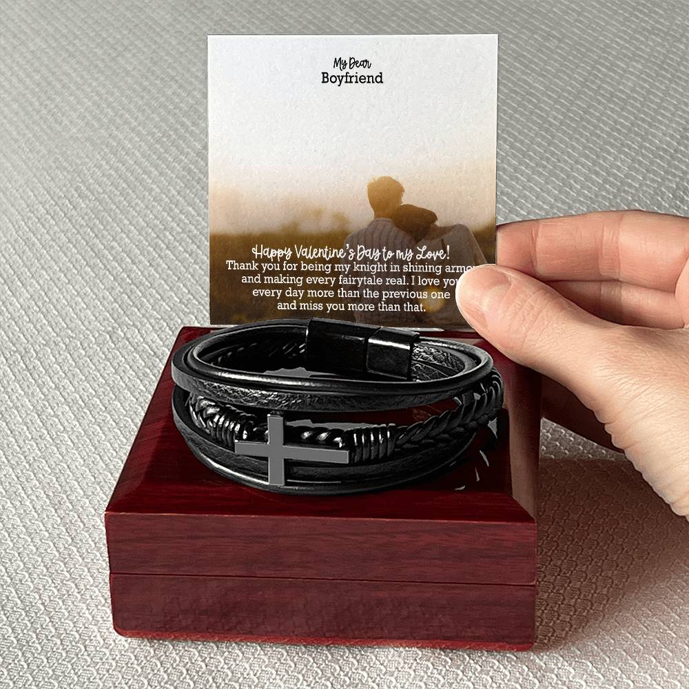 My Dear Boyfriend, Thank You For Being My Knight In Shining Armor & Making Every Fairytale Real - Happy Valentine's Day - Men's Cross Bracelet - Gift for Boyfriend