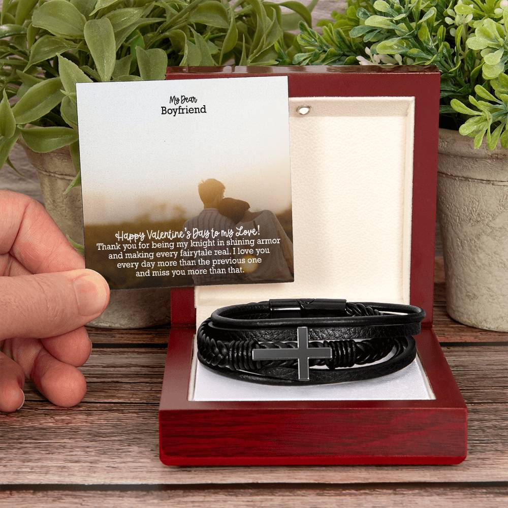 My Dear Boyfriend, Thank You For Being My Knight In Shining Armor & Making Every Fairytale Real - Happy Valentine's Day - Men's Cross Bracelet - Gift for Boyfriend