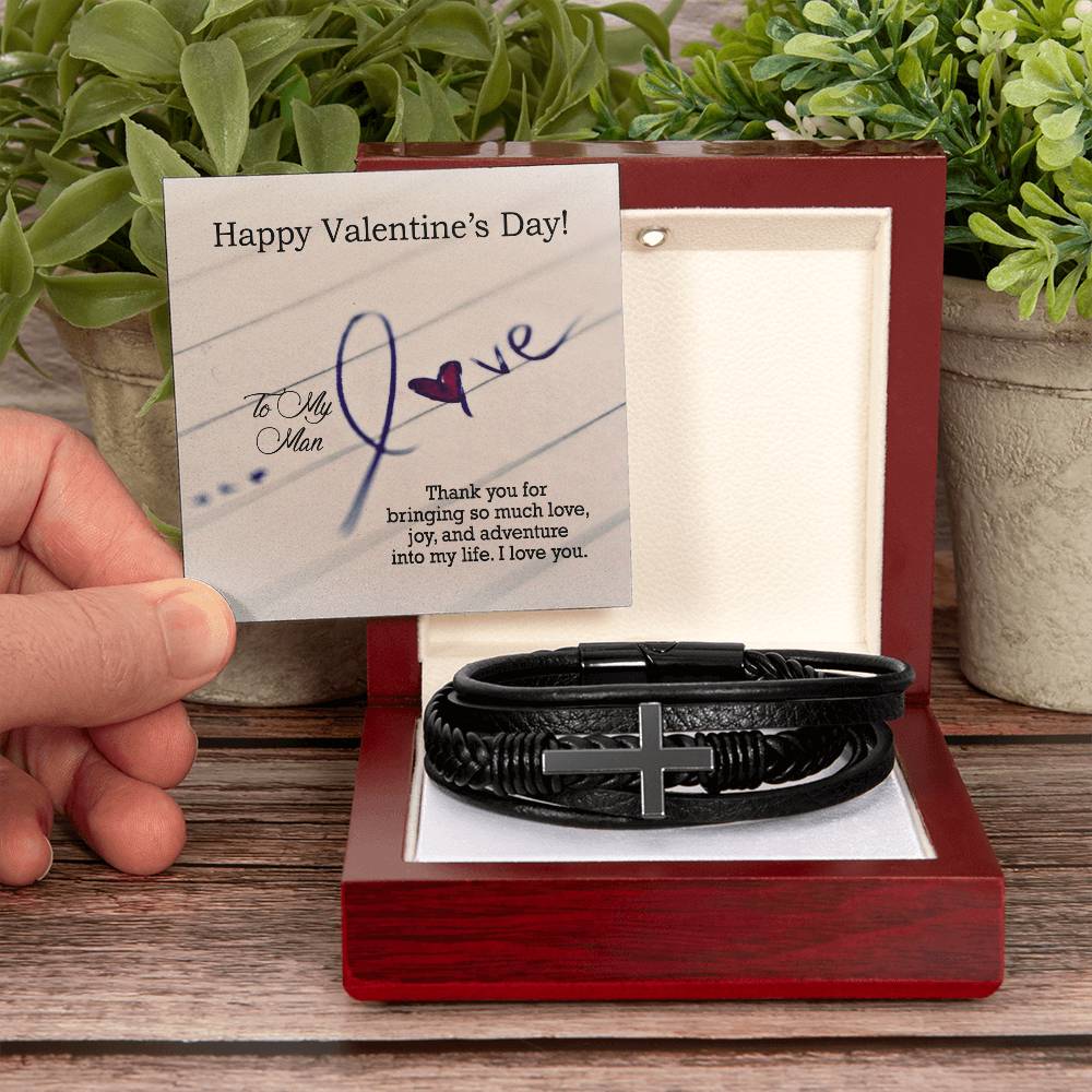 To My Man, Thank You For Bringing So Much Love, Joy & Adventure Into My Life - Happy Valentine's Day - Men's Cross Bracelet - Gift for Him