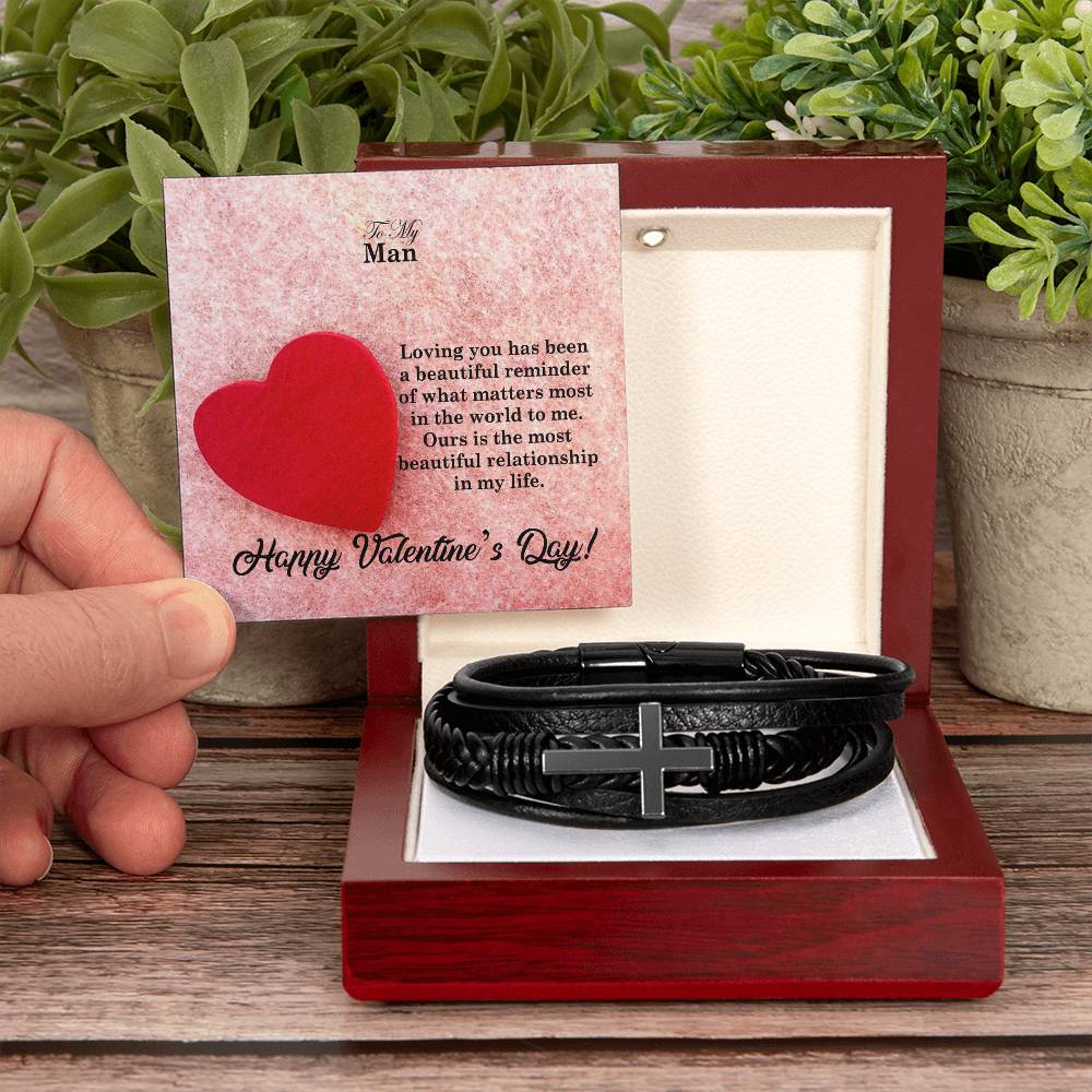 To My Man, Loving You Has Been A Beautiful Reminder Of What Matters Most In The World To Me - Happy Valentine's Day - Men's Cross Bracelet - Gift for Him