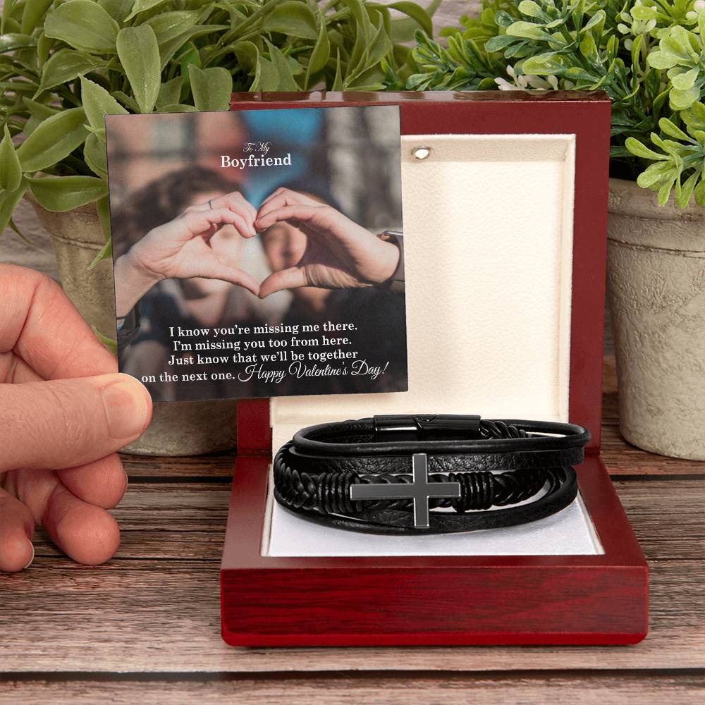 To My Boyfriend, I Know You're Missing Me There - Happy Valentine's Day - Men's Cross Bracelet - Gift for Boyfriend