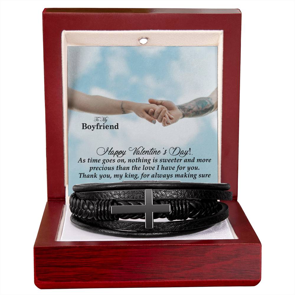 To My Boyfriend, As Time Goes On, Nothing Is Sweeter & More Precious Than The Love I Have For You - Happy Valentine's Day - Men's Cross Bracelet - Gift for Boyfriend