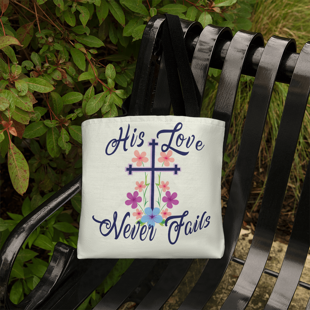 His Love Never Fails – Premium Canvas Tote Bag – Gift for Her