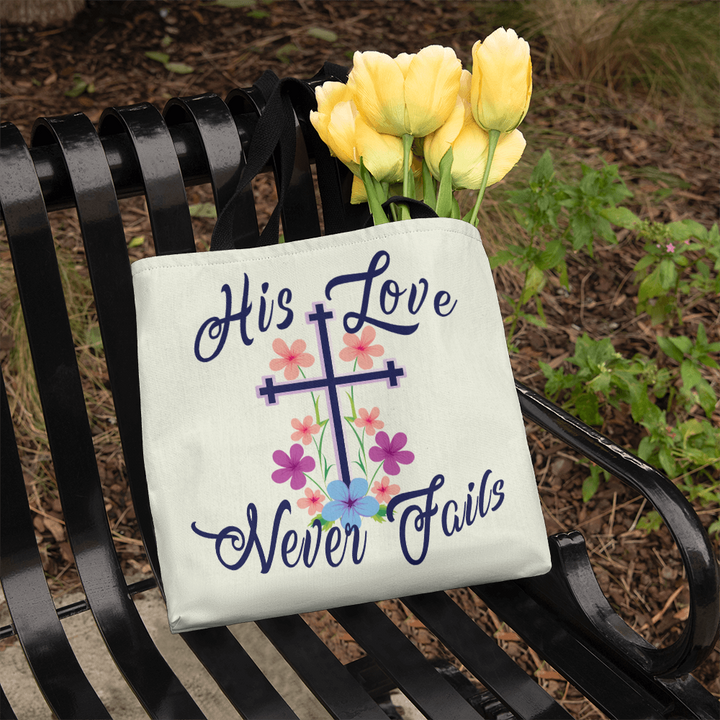 His Love Never Fails – Premium Canvas Tote Bag – Gift for Her