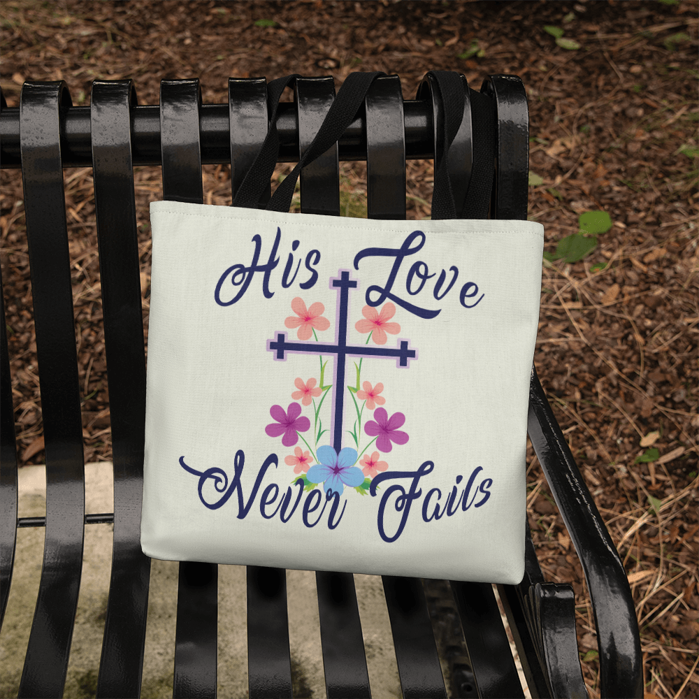 His Love Never Fails – Premium Canvas Tote Bag – Gift for Her