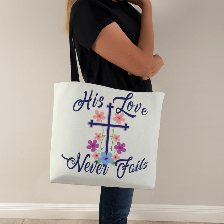 His Love Never Fails – Premium Canvas Tote Bag – Gift for Her