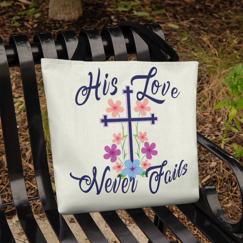 His Love Never Fails – Premium Canvas Tote Bag – Gift for Her