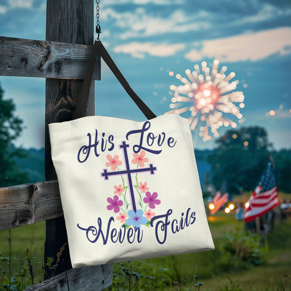 His Love Never Fails - 12oz Enamel Camping Mug - Gift for Her