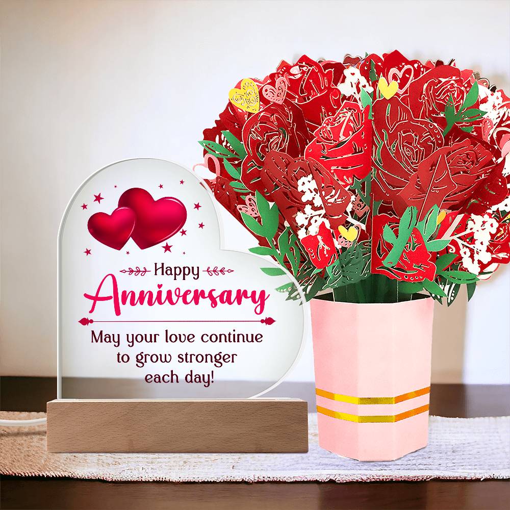 Happy Anniversary, May Your Love Continue To Grow Stronger Each Day! Acrylic Heart &amp; Sweetest Devotion Flower Bouquet – Gift for Wife