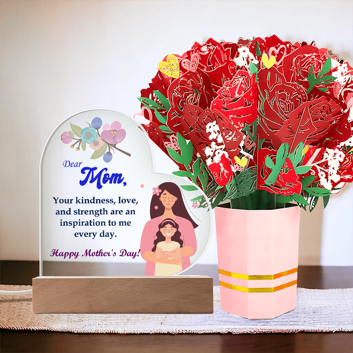 Dear Mom, Your Kindness, Love, And Strength Are An Inspiration To Me - Acrylic Heart &amp; Sweetest Devotion Flower Bouquet - Gift for Mom