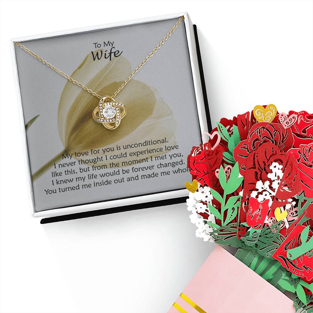 To My Wife, My Love For You Is Unconditional - Love Knot Necklace & Sweetest Devotion Flower Bouquet - Gift for Wife